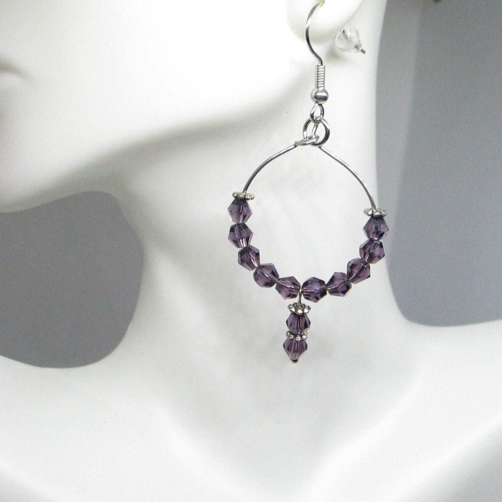Stainless Steel Hoop Dangle Earrings with 4 mm Bicone Crystal Purple Bead